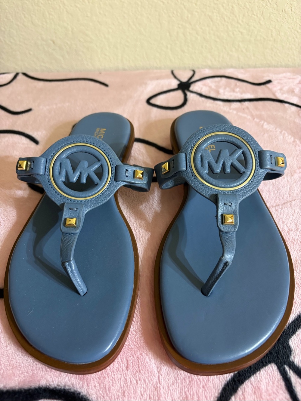 Michael Kors Slate Blue MK Logo Thong Sandals with Gold Accents